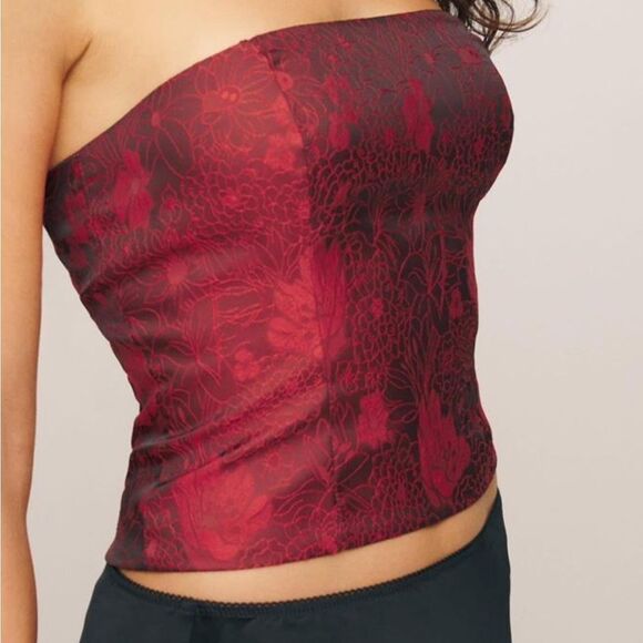 Reformation Giorgia strapless top in Red floral jacquard - size 12 NEW - Picture 3 of 10